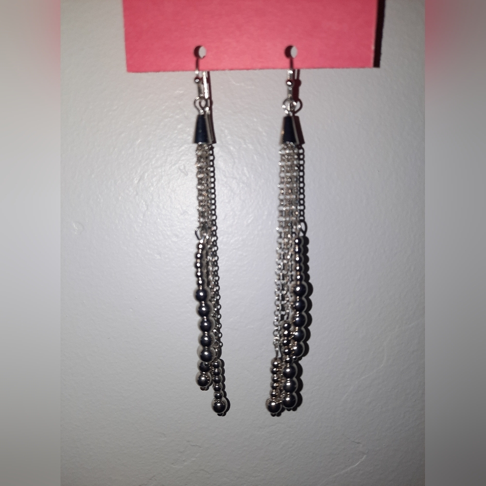 $ Elegant Silver Tone Long Tassel Earrings